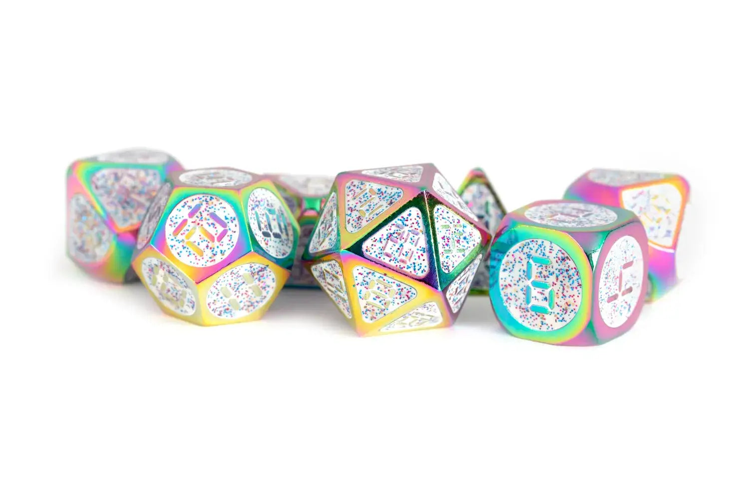 Solid Zinc 16mm Dice Set - Rainbow with Confetti Glow in the Dark Enamel