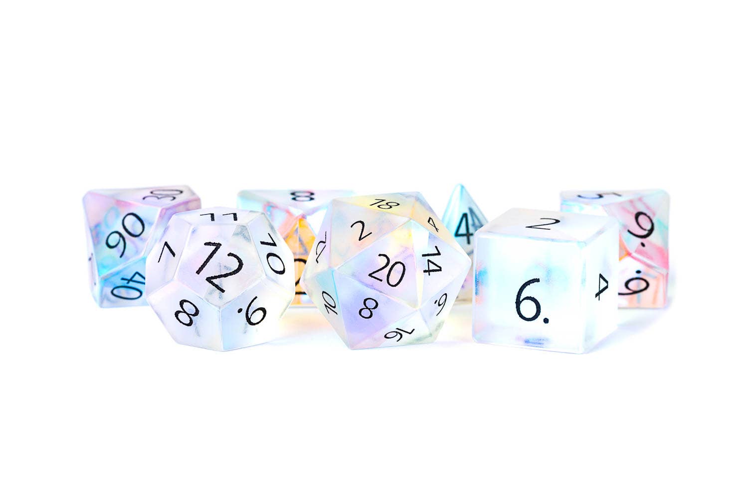 Engraved Frosted Rainbow Glass - Full-Sized 16mm Polyhedral Dice Set - Space Camp