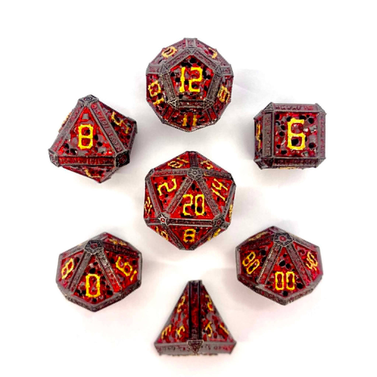Hollow Metal Necromancer Dice Set - Gunmetal/Gold/Red