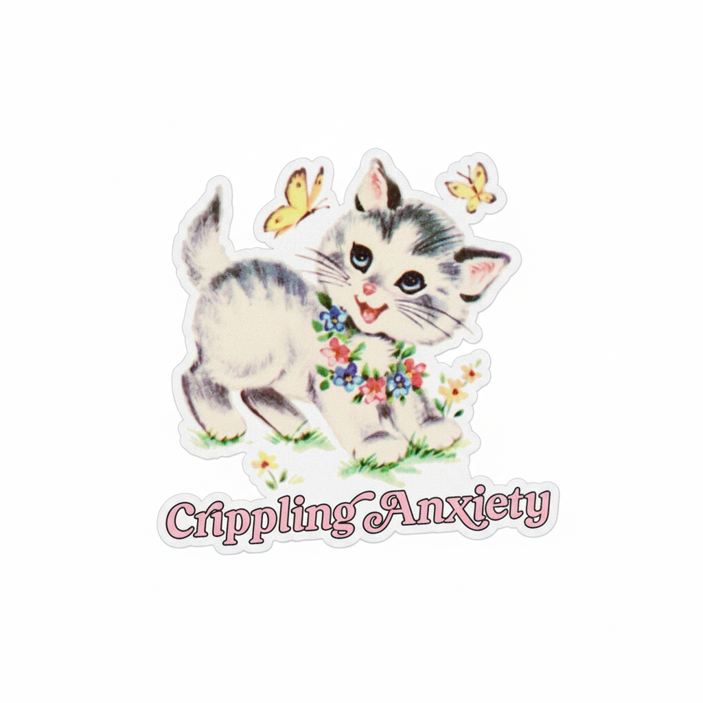 Retro Kitsch Kitten Sticker - Crippling Anxiety