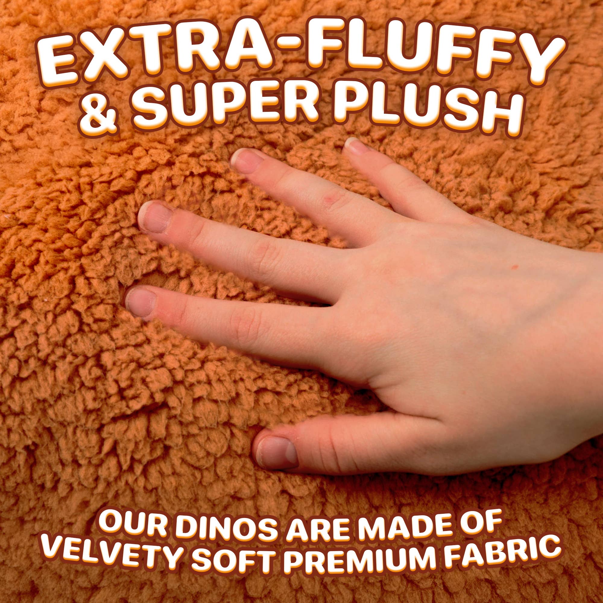 Hand touching extra-fluffy and super plush fabric with text about the material used.