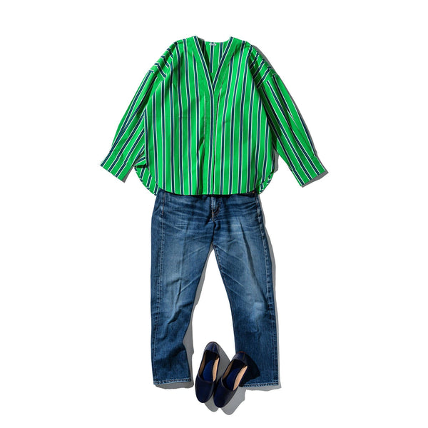 Puebco - Cotton V-Neck Stripe Shirt - Green/Blue