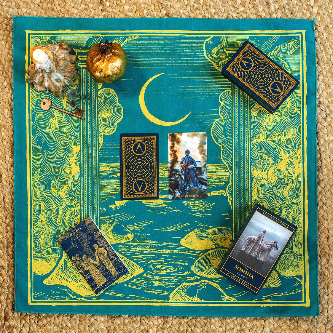 The Somnia Tarot Altar Cloth - "The Priestess" - Teal