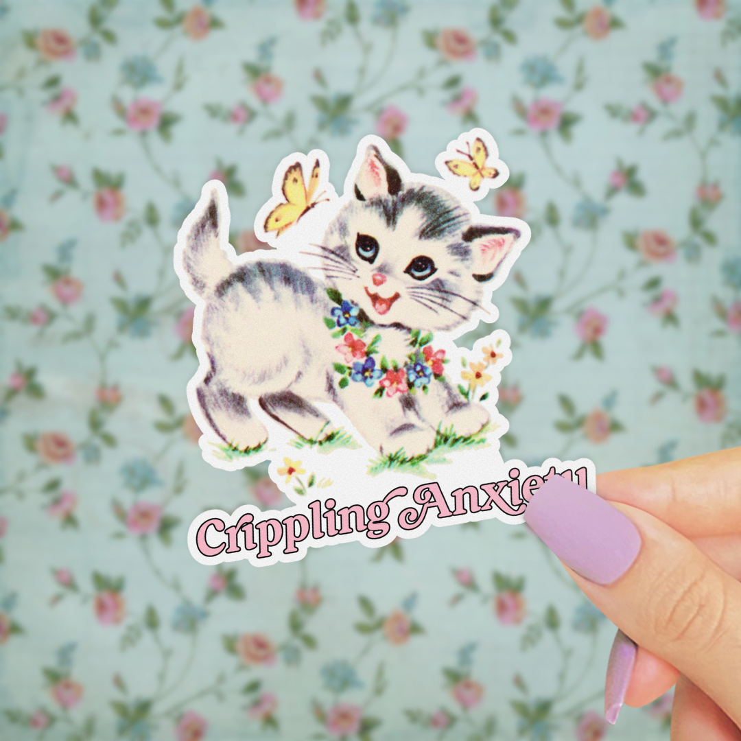 Retro Kitsch Kitten Sticker - Crippling Anxiety