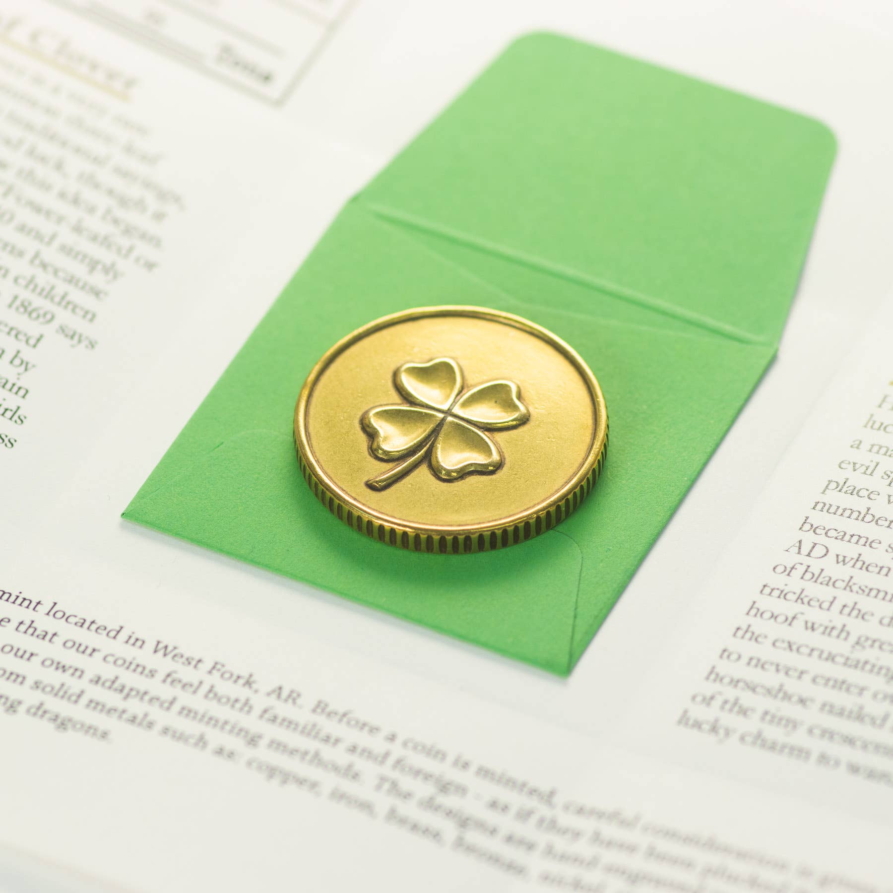 Lucky Brass Coin with Four Leaf Clover and Horseshoe