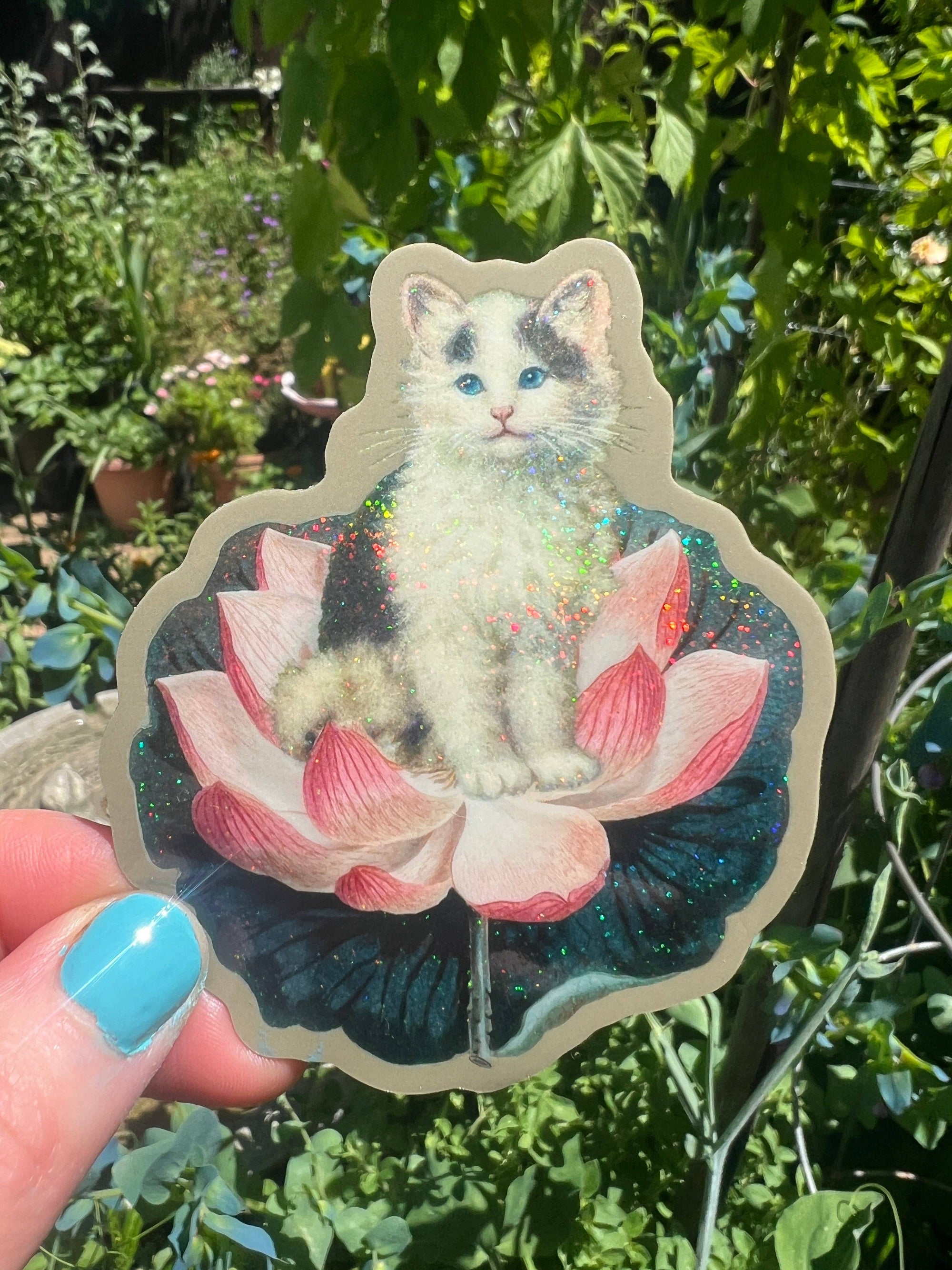 Cat on Lotus - Glitter Sticker