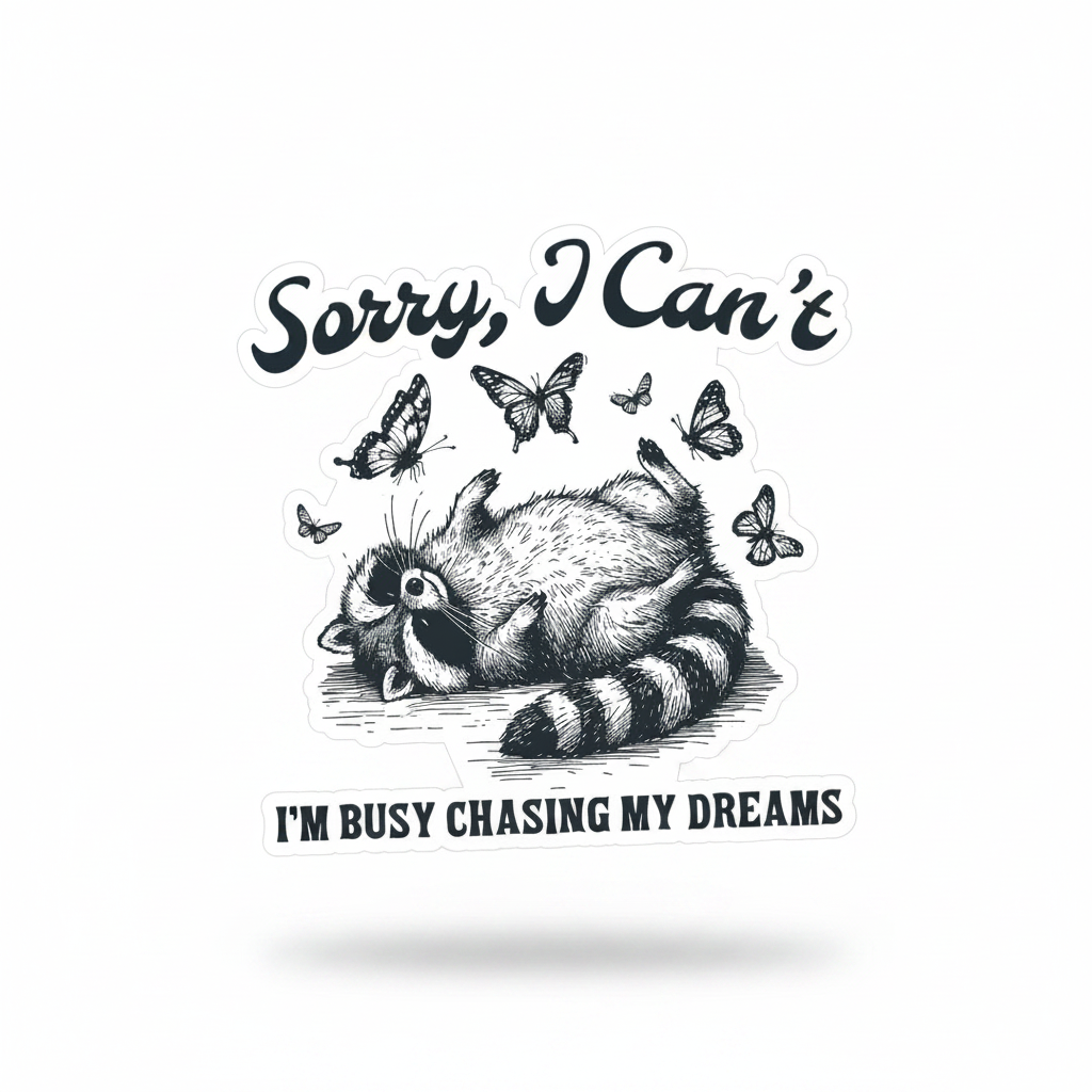 Funny Raccoon Sticker, I Can’t I’m Chasing My Dreams: 3”