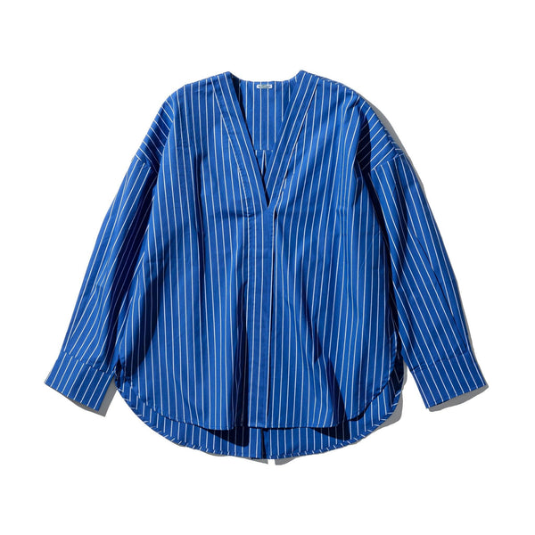 Puebco - Cotton V-Neck Stripe Shirt - Blue
