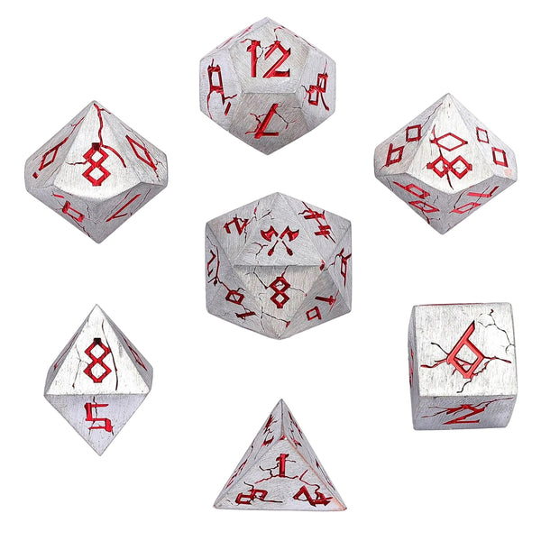 Barbarian Solid Metal Polyhedral Dice Set - Matte Silver Red