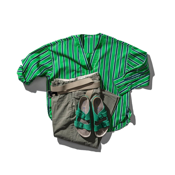 Puebco - Cotton V-Neck Stripe Shirt - Green/Blue