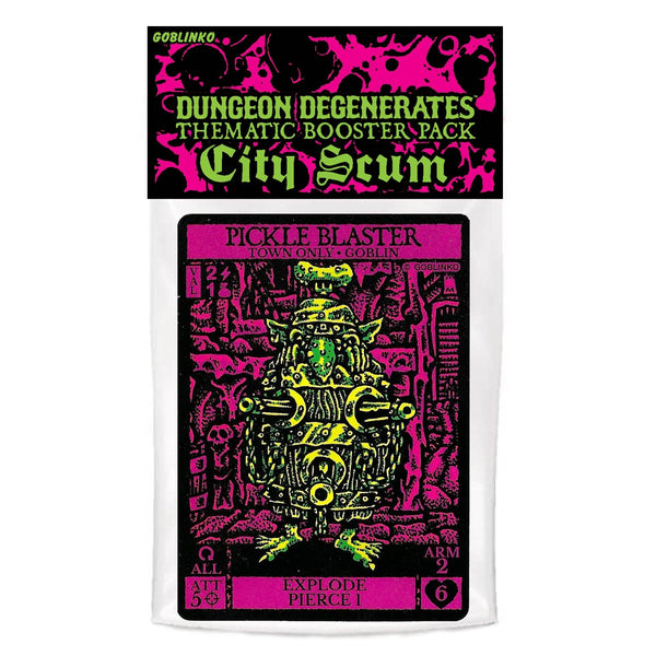 Goblinink Dungeon Degenerates thematic booster pack with Pickle Blaster figure on a white background