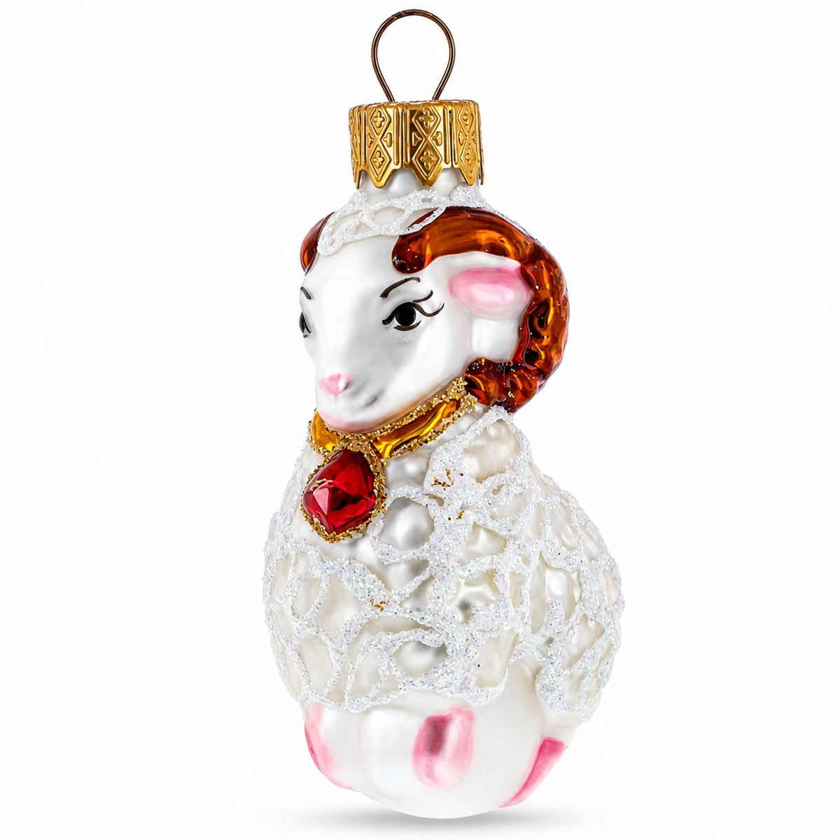White Ram with Red Bell - Glass Ornament