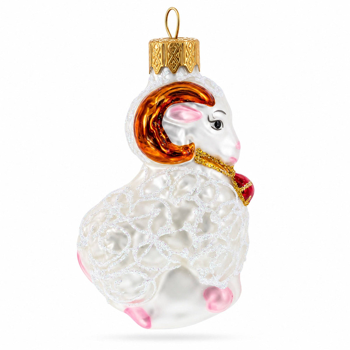 White Ram with Red Bell - Glass Ornament
