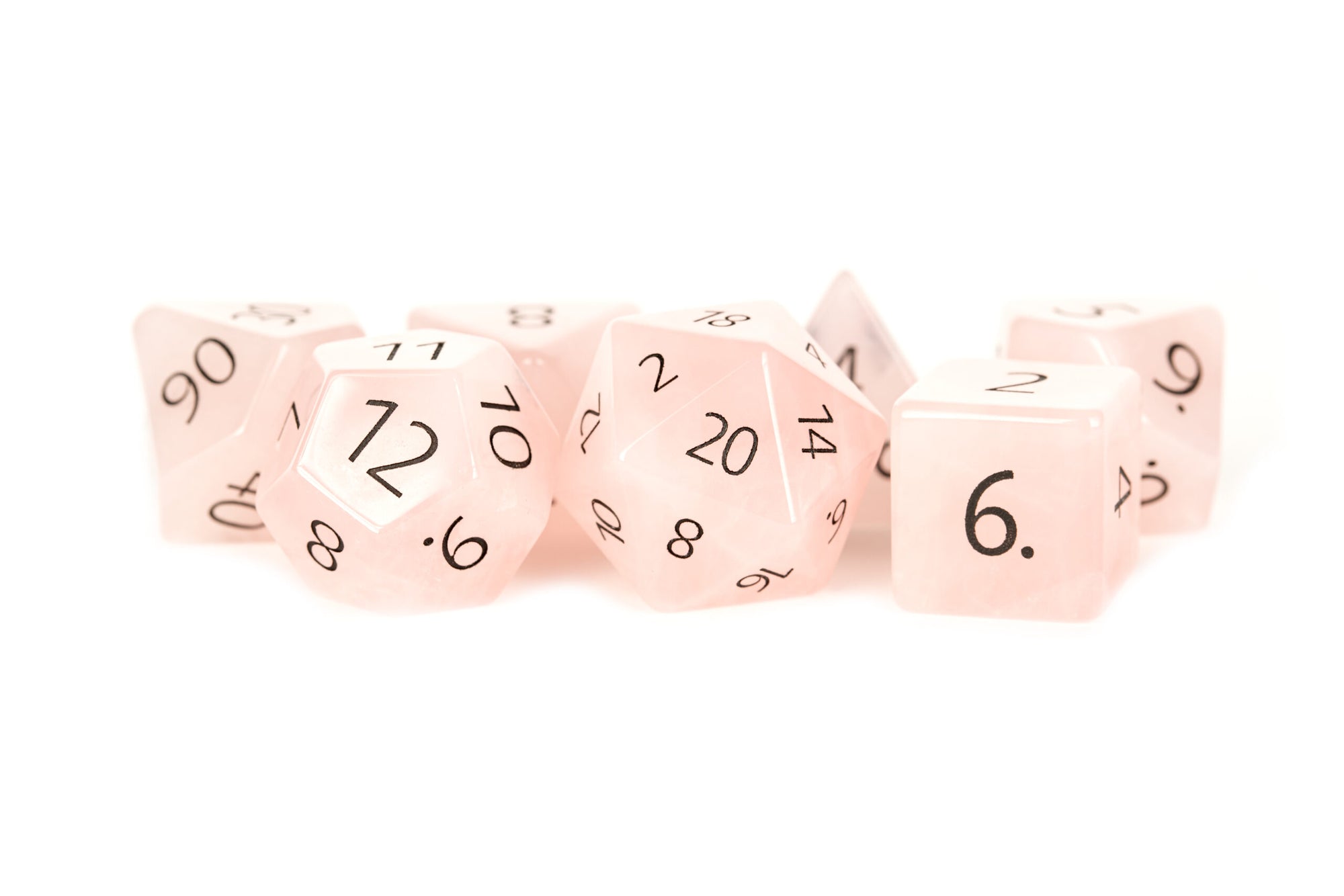 Engraved Rose Quartz - Full-Sized 16mm Polyhedral Dice Set - Space Camp