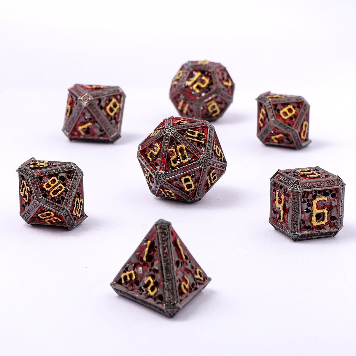 Hollow Metal Necromancer Dice Set - Gunmetal/Gold/Red