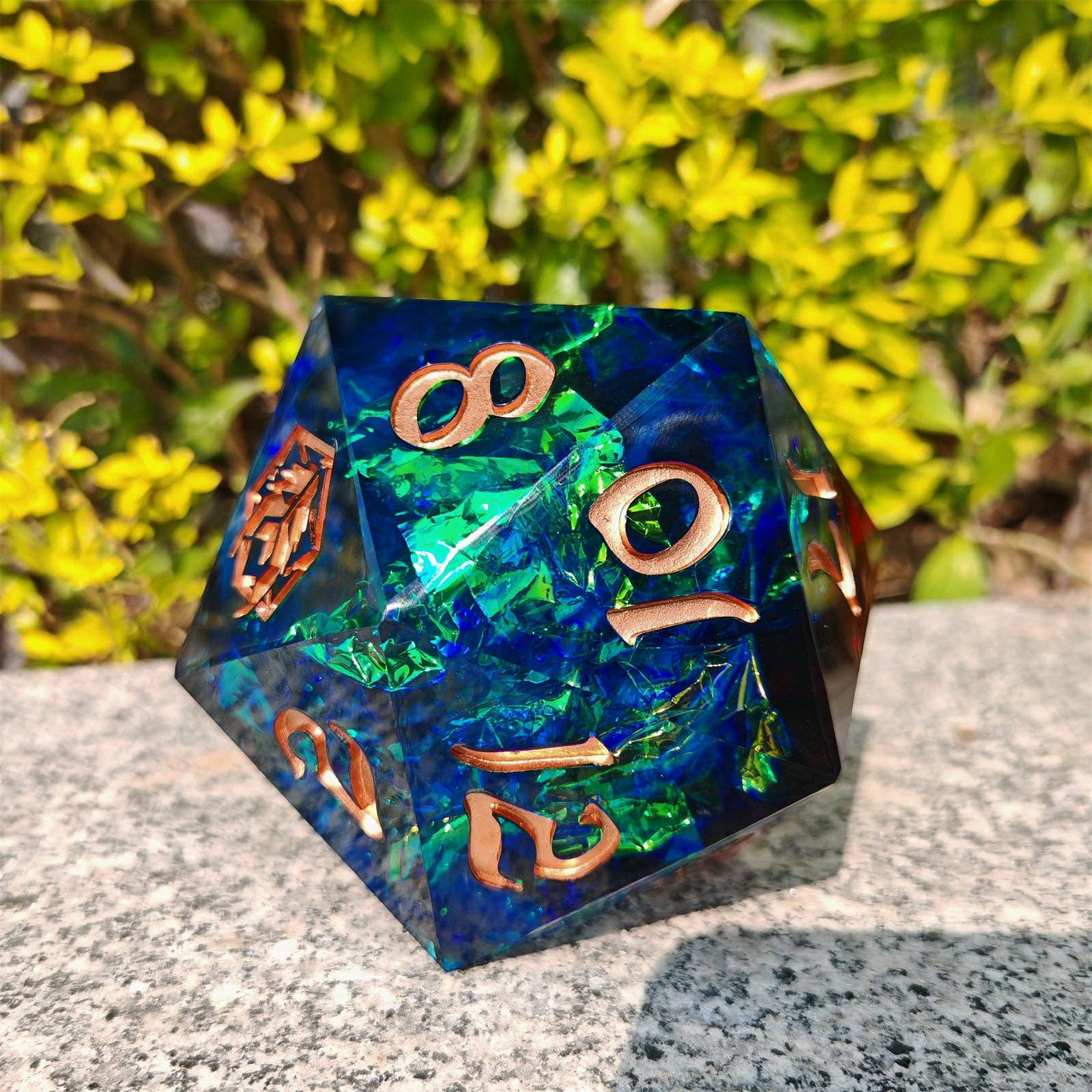 Hymgho Sharp Edge Resin D20 - 100mm Chonk - Blue & Green - Space Camp