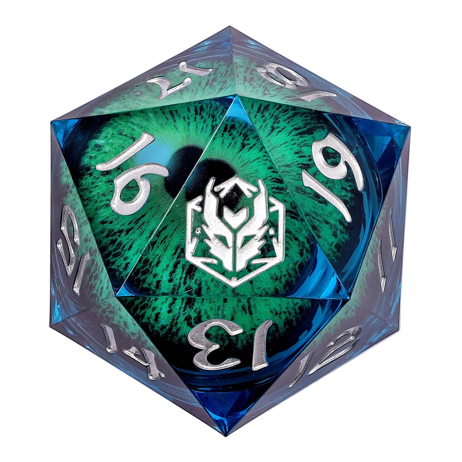 Hymgho Sharp Edged Resin D20 - 55mm Chonk - Blue Lizard Eye