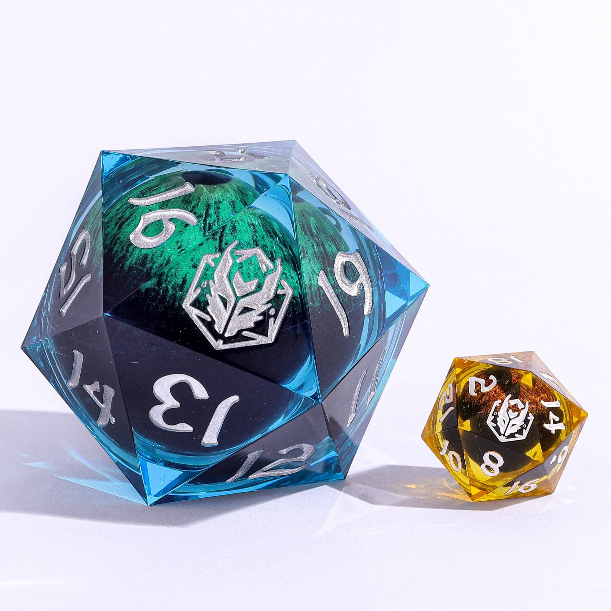 Hymgho Sharp Edged Resin D20 - 55mm Chonk - Blue Lizard Eye - Space Camp