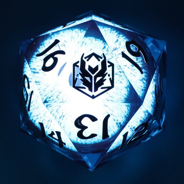 Hymgho Sharp Edged Resin D20 - 55mm Chonk - Blue Lizard Eye