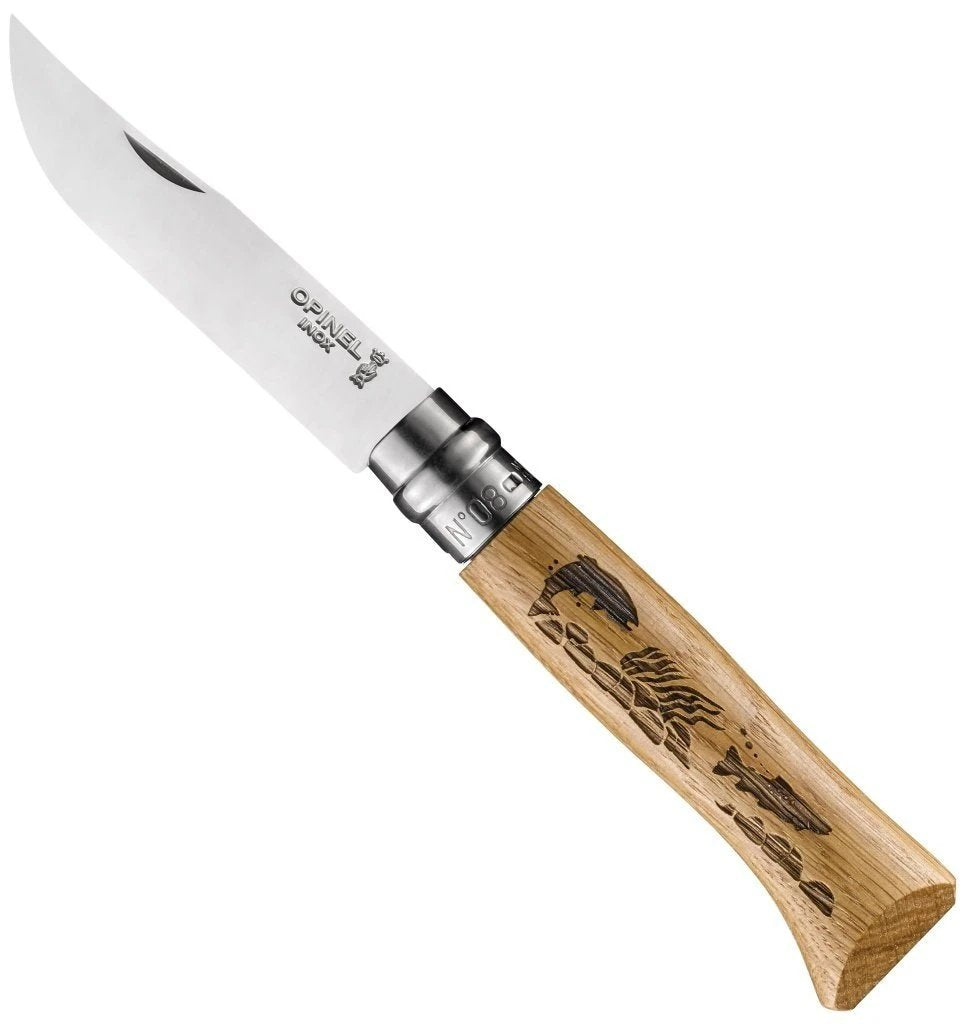 Opinel - No.08 Oak Engraved Handle Folding Knife - Animalia - Trout - Space Camp