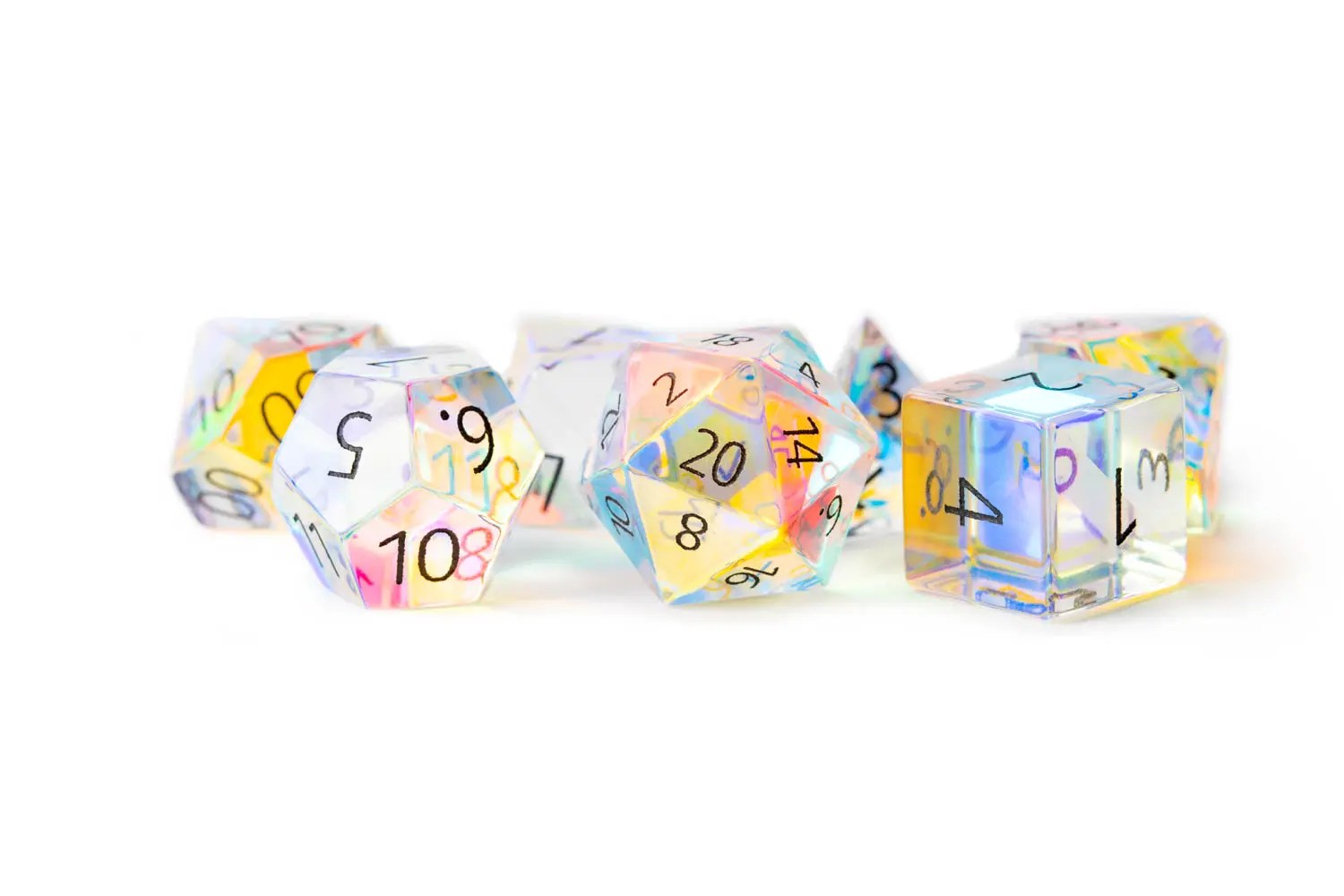Engraved Rainbow Prism Glass - 16mm Polyhedral Dice Set - Space Camp