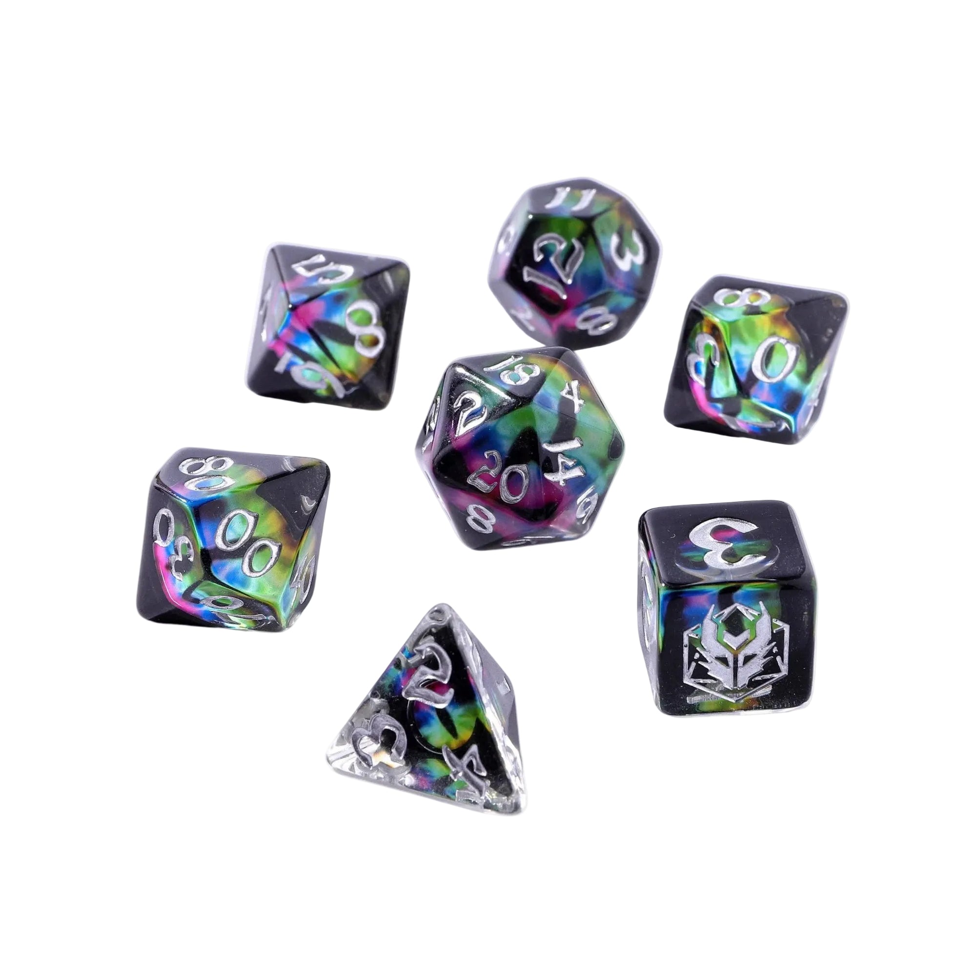 Wyrmforged Rollers - Rounded Resin Polyhedral Dice Set - Chromatic Dragon Eye at Space Camp in Portland, Oregon