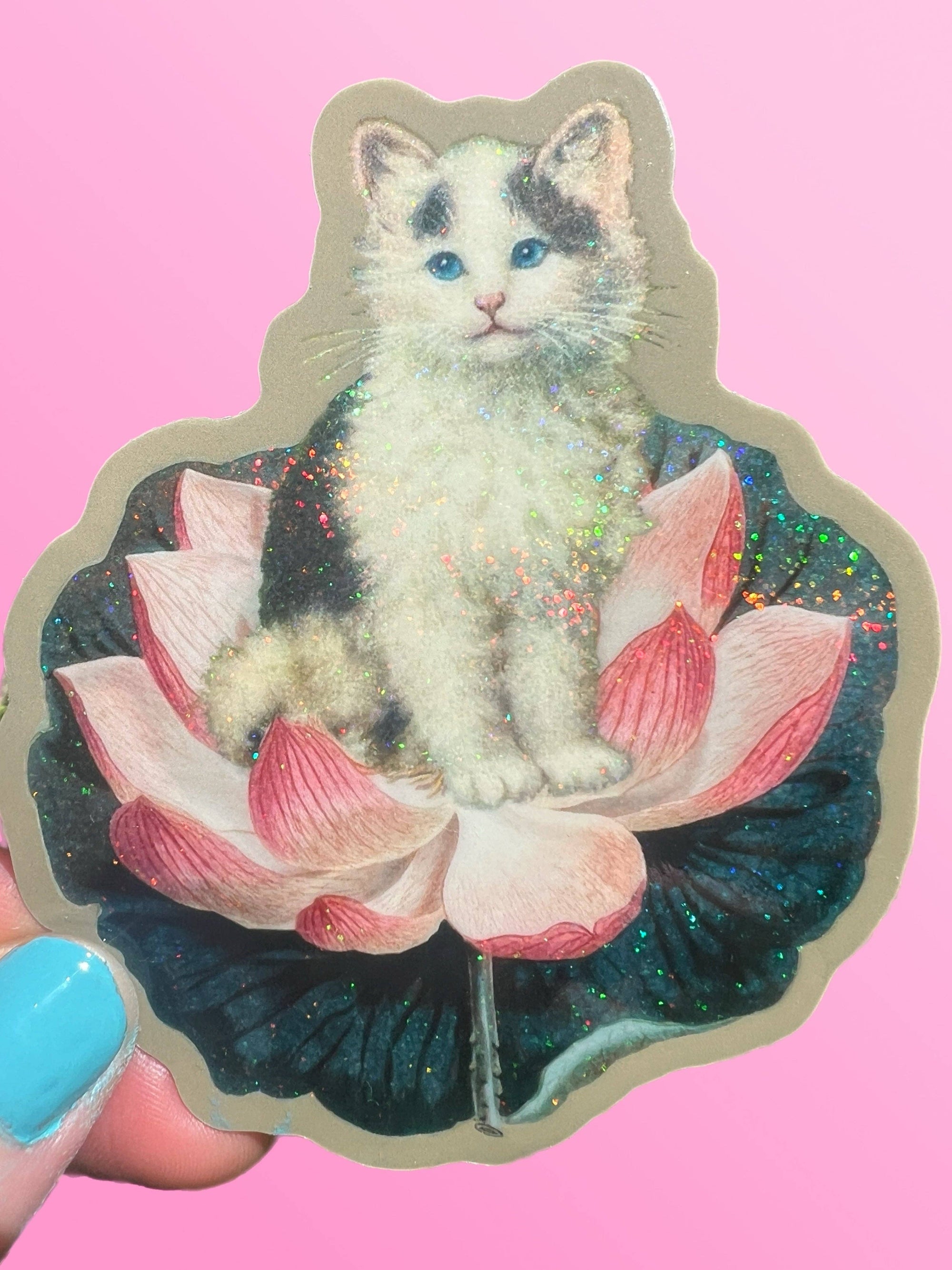 Cat on Lotus - Glitter Sticker