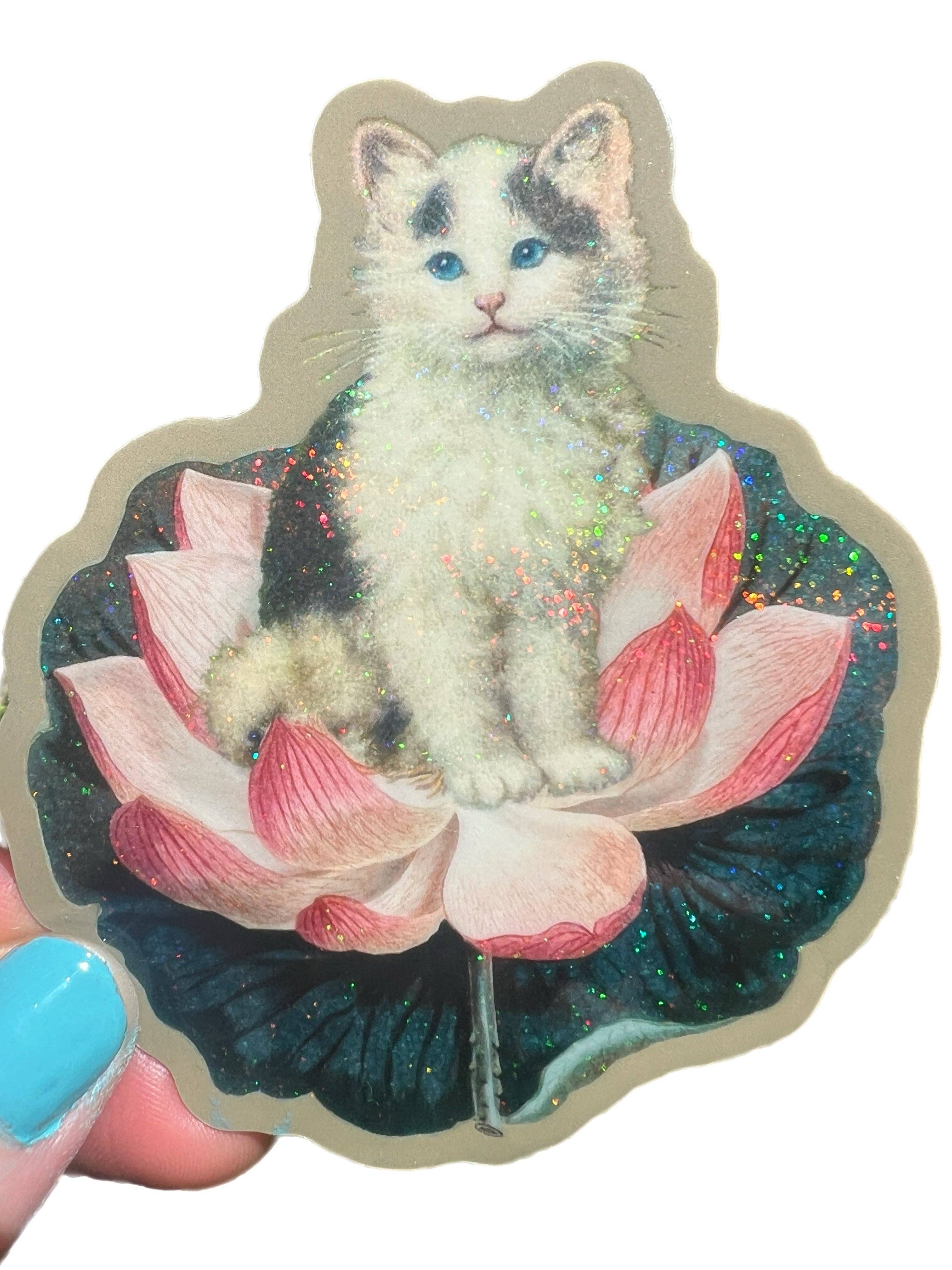 Cat on Lotus - Glitter Sticker