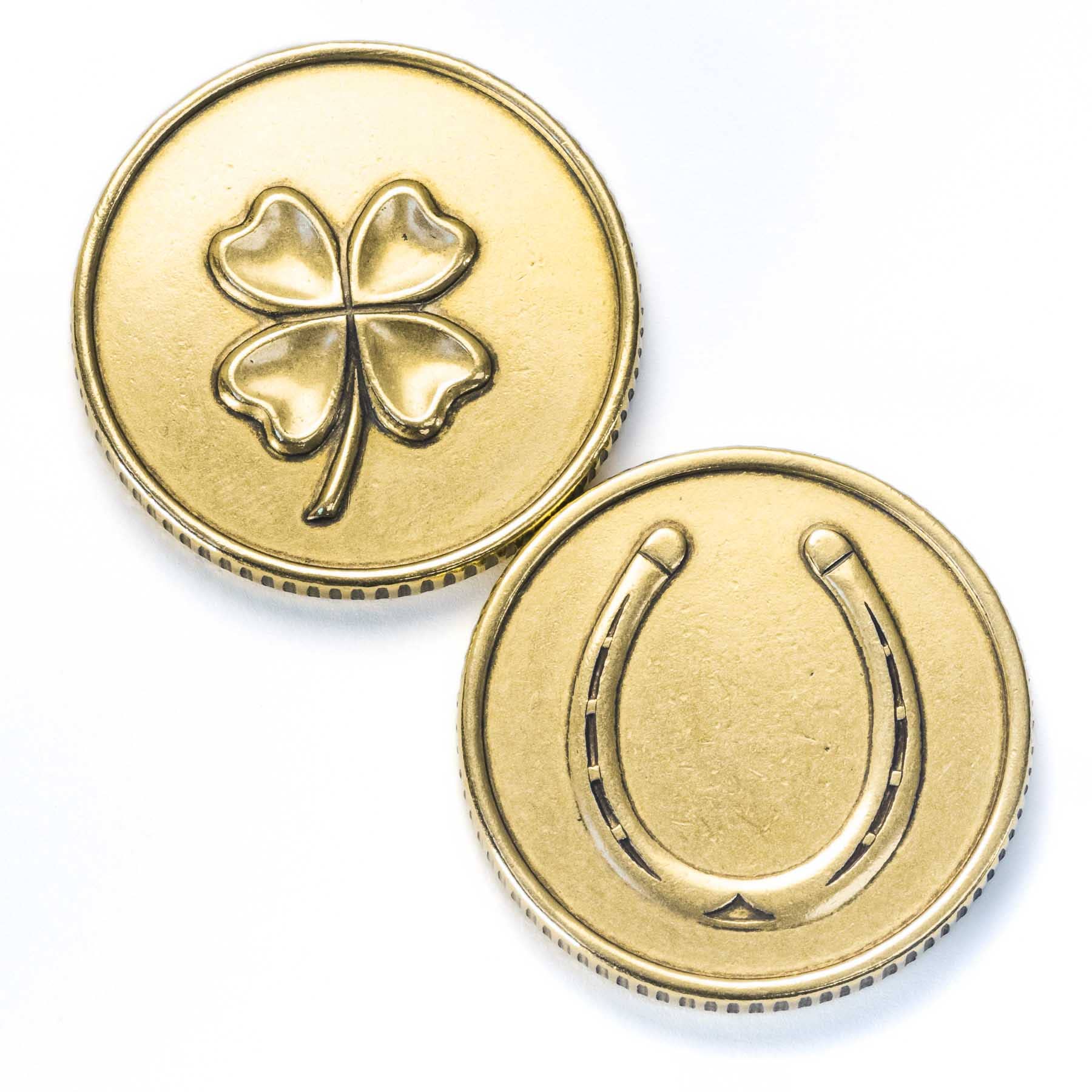 Lucky Brass Coin with Four Leaf Clover and Horseshoe