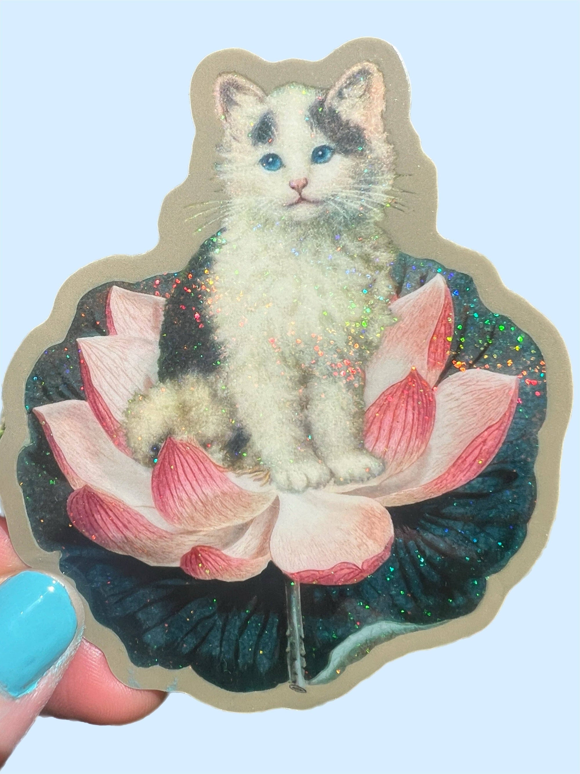 Cat on Lotus - Glitter Sticker
