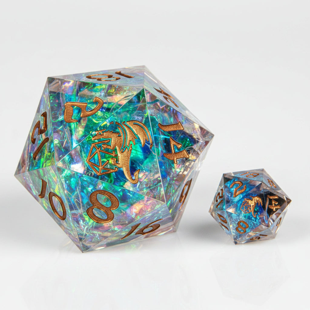 Sharp Edged Resin 55mm D20 - Opal w/ Copper Ink