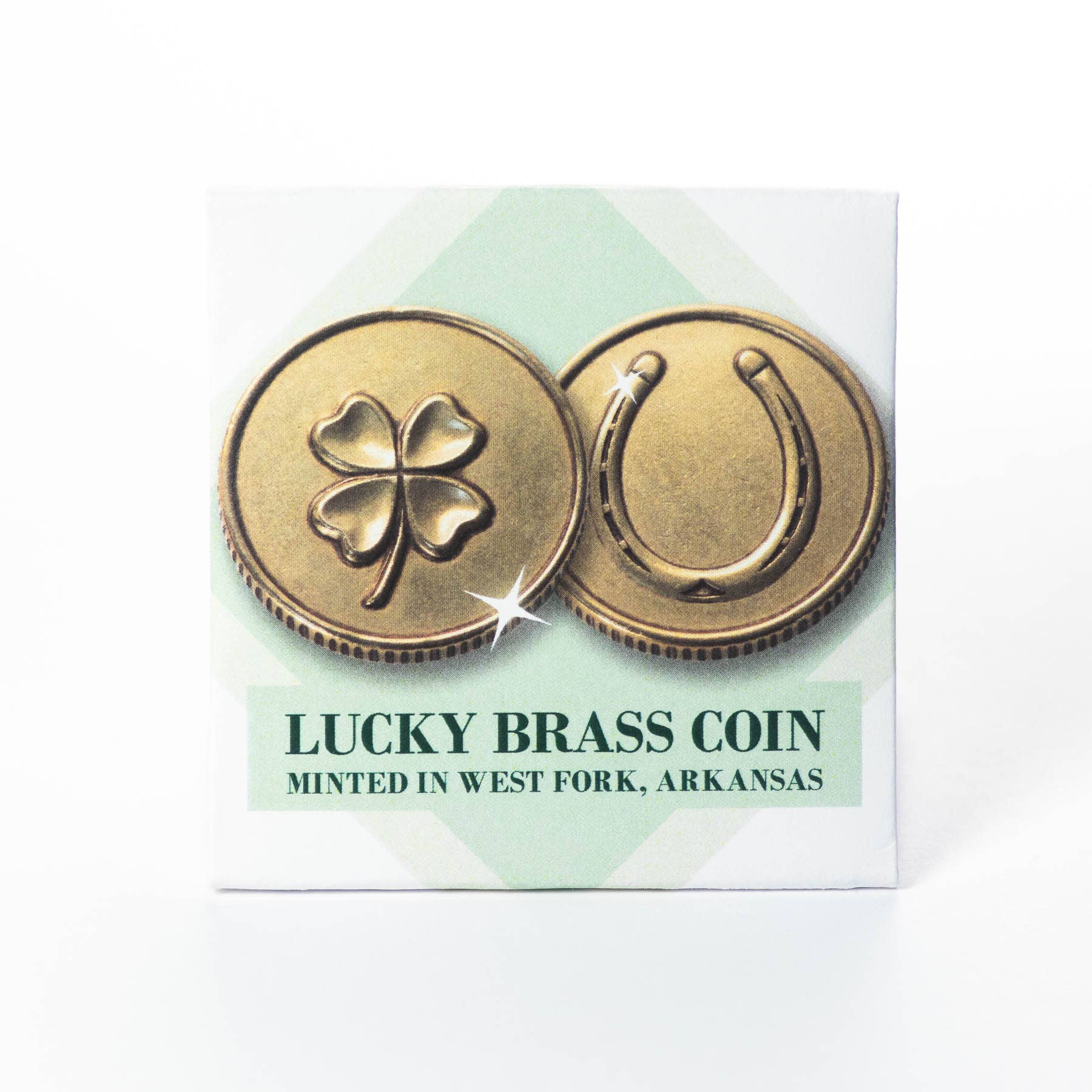 Lucky Brass Coin with Four Leaf Clover and Horseshoe