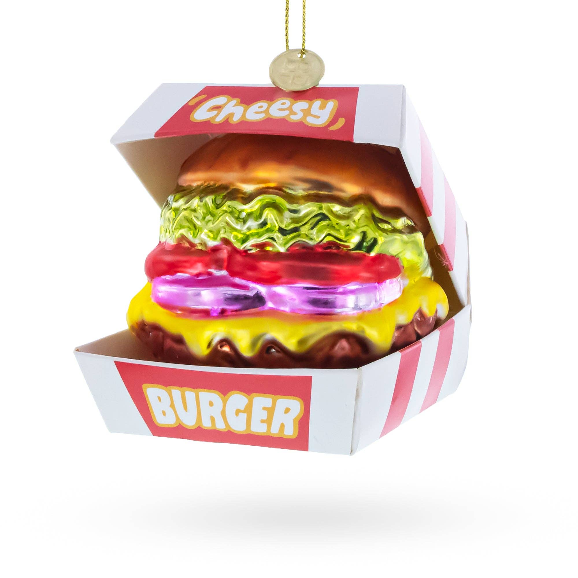 Cheeseburger in Box Blown Glass Christmas Ornament