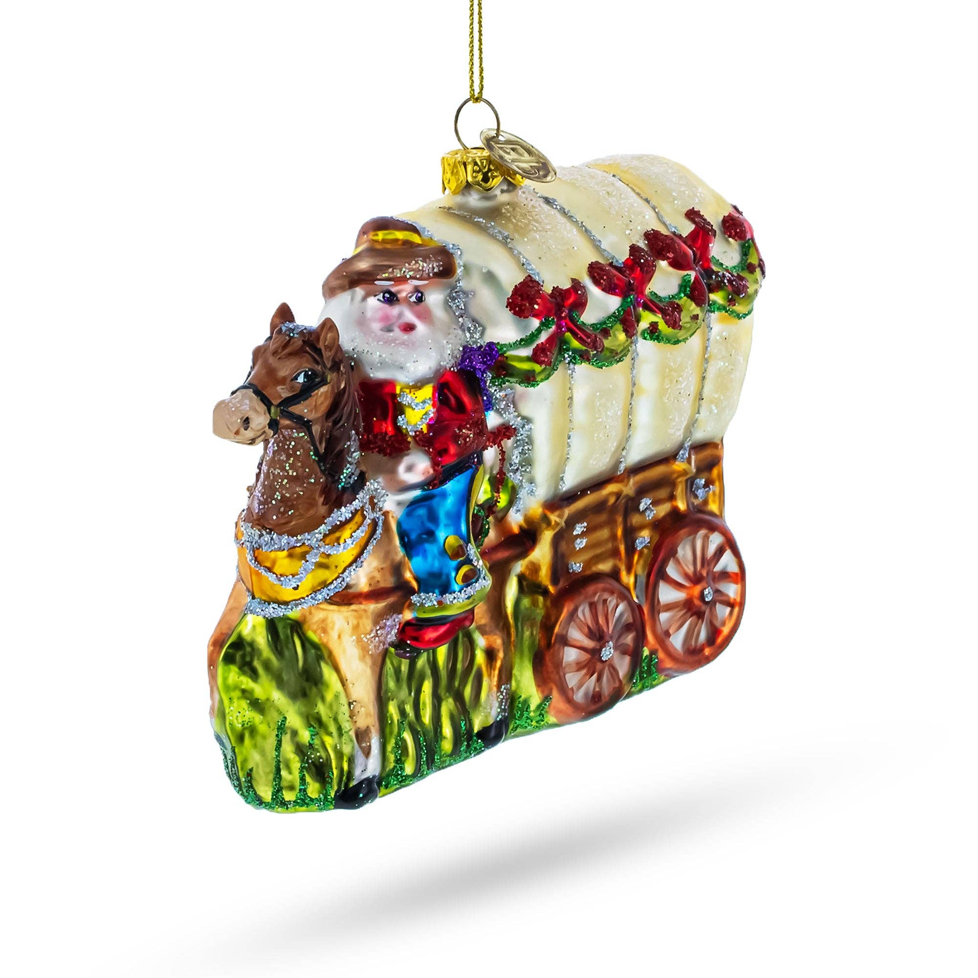 Jolly Santa Riding the Coach Glass Ornament