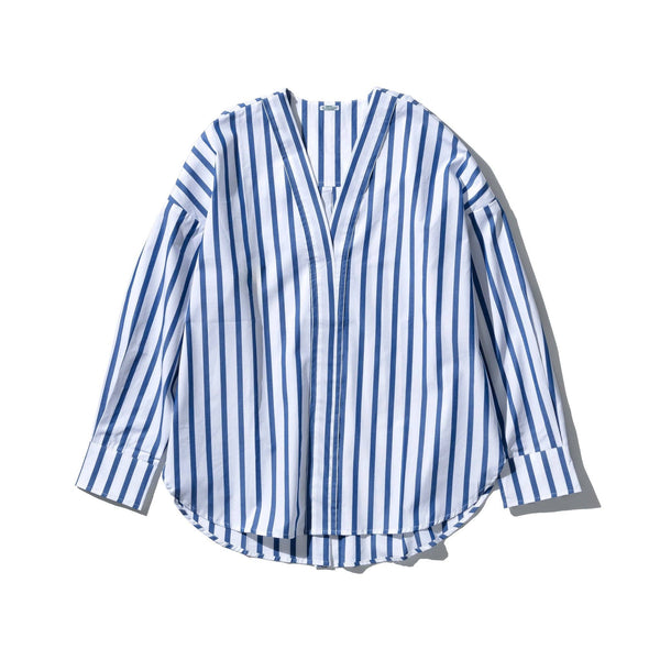 Puebco - Cotton V-Neck Stripe Shirt - White/Blue