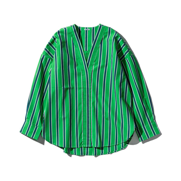 Puebco - Cotton V-Neck Stripe Shirt - Green/Blue