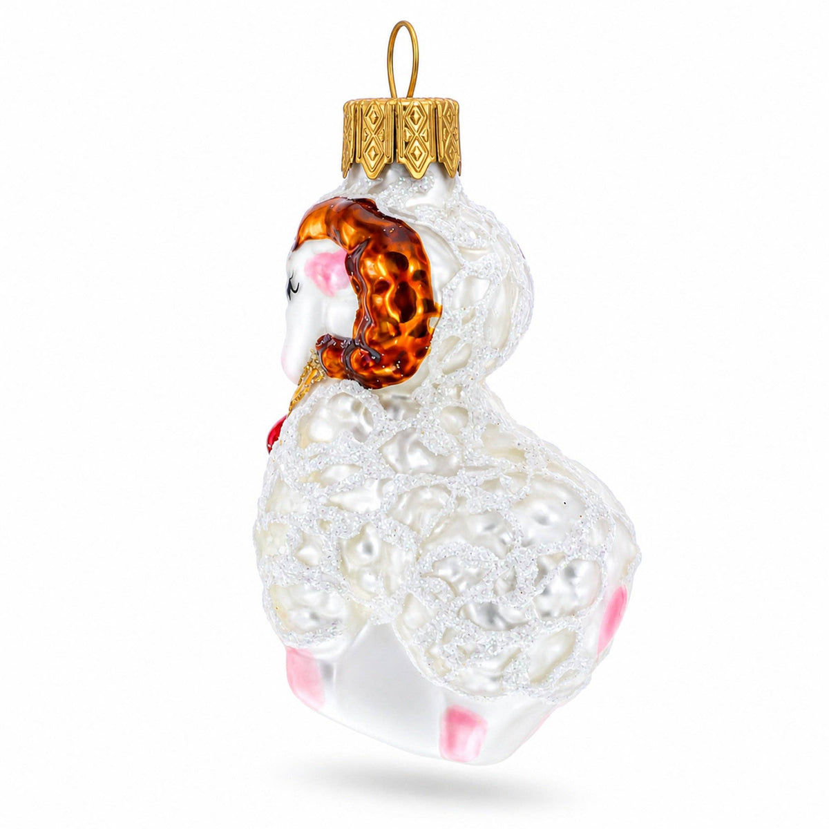 White Ram with Red Bell - Glass Ornament