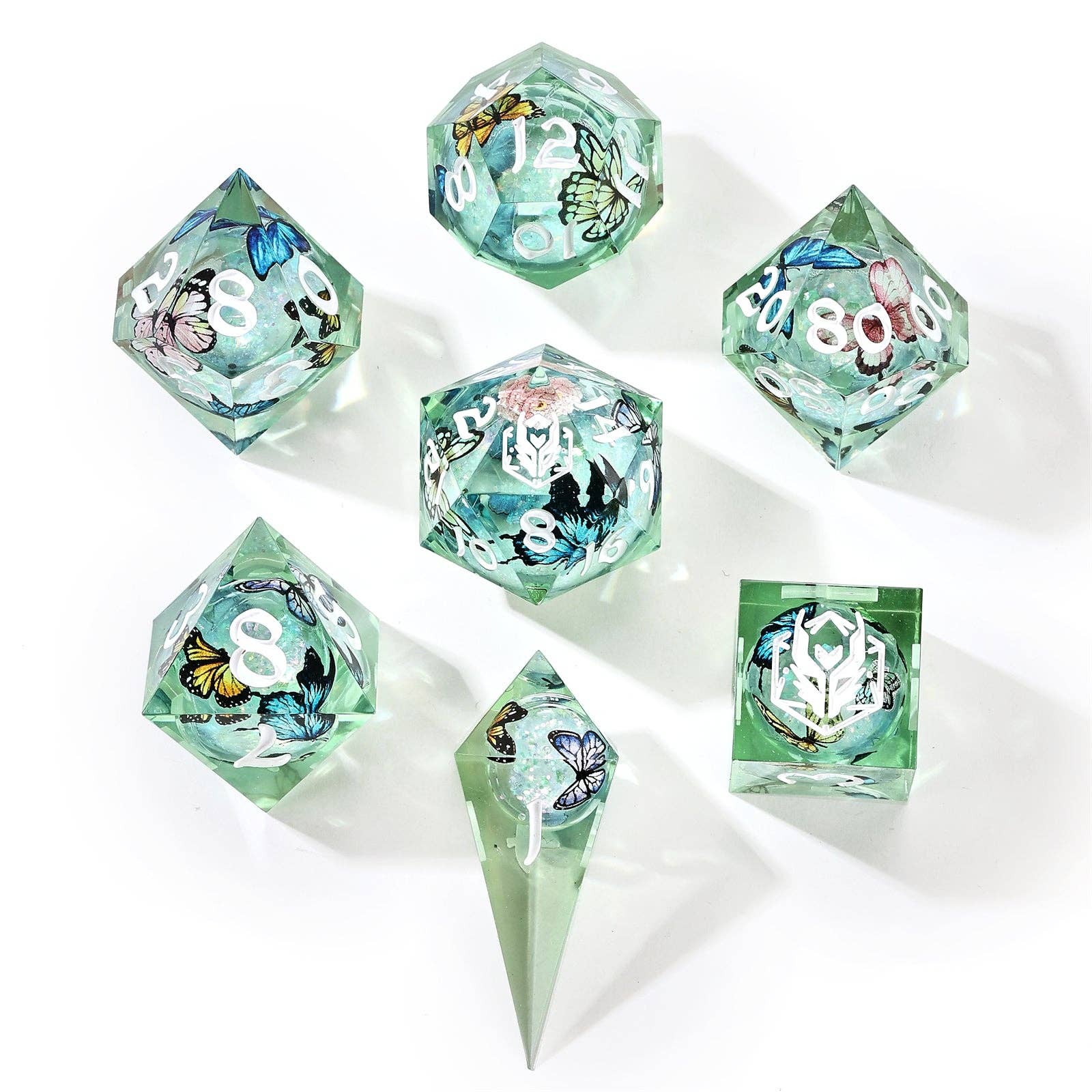 Liquid Core Sharp Edge Resin Dice Set - Butterfly Kaleidescope
