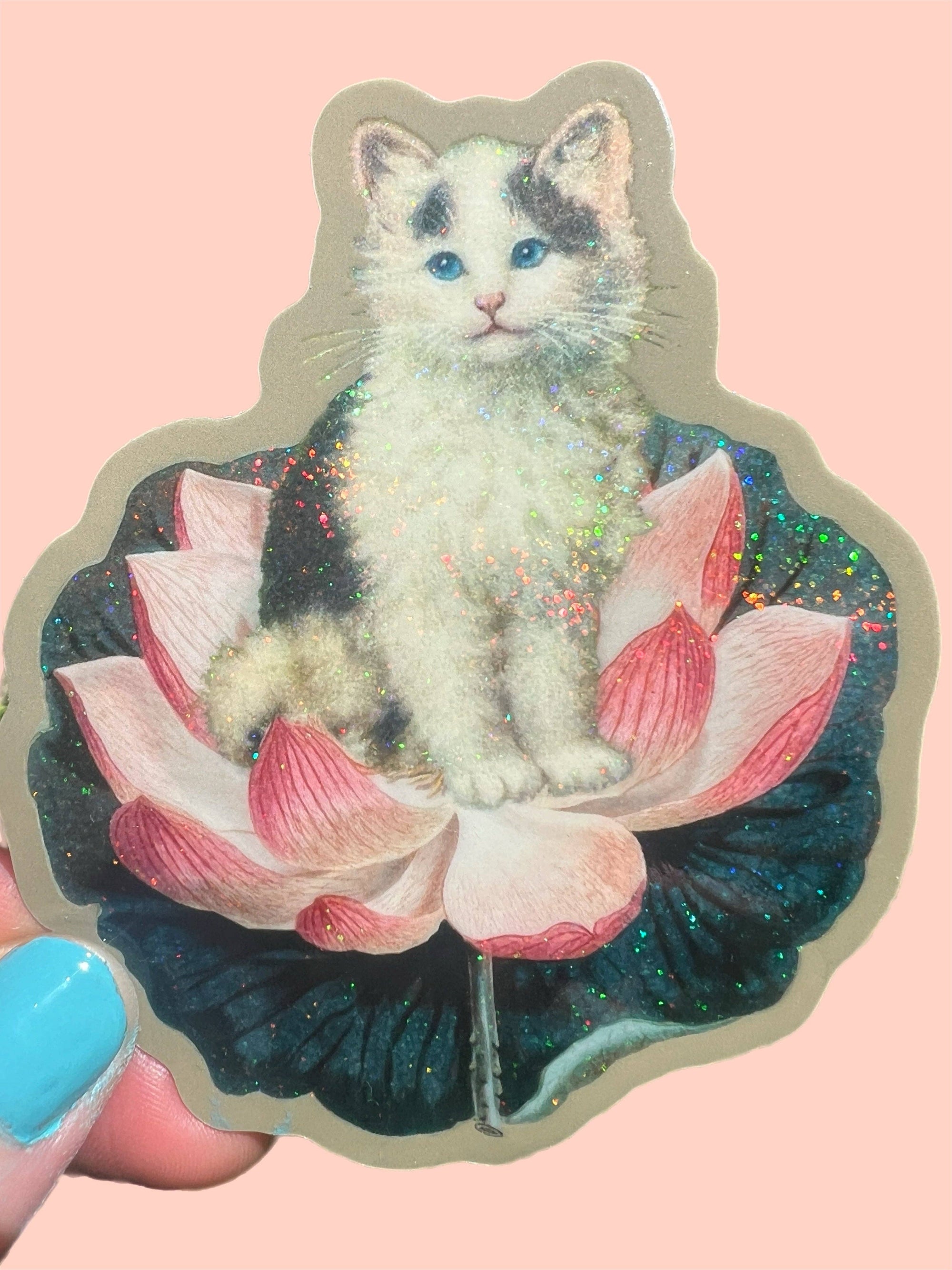 Cat on Lotus - Glitter Sticker